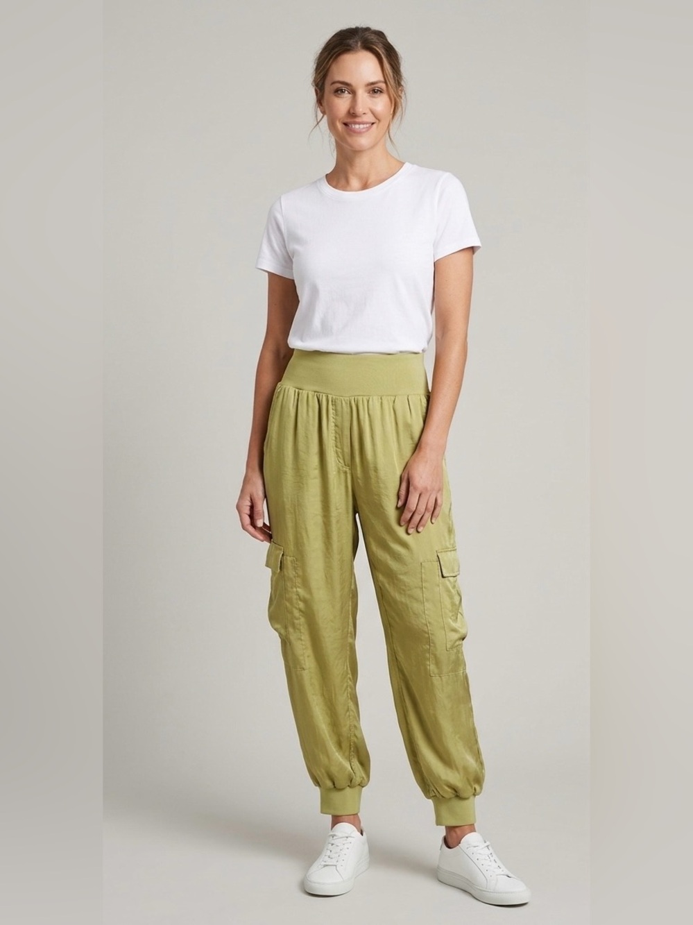 Cinq à Sept Giles Cupro Satin Crop‎ Cargo Jogger Pants in Lime/Chartreuse Green